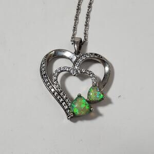 SUN BR Faux Opal & CZ  Rhodium Plated Heart Pendant Necklace 19"